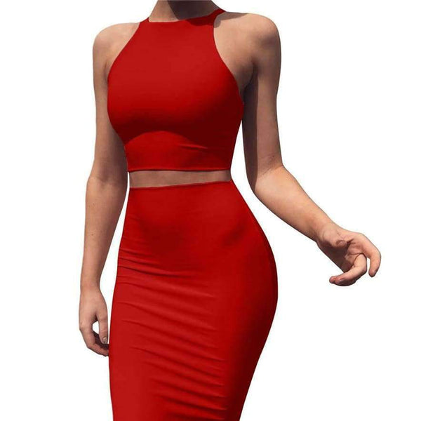 Planet Gates red dress / S Women 2 Piece Party Dress 2018 Solid Sleeveless O-Neck Bodycon Dresses Vestidos Sexy Off Shoulder Knee-Length Dress Two Piece