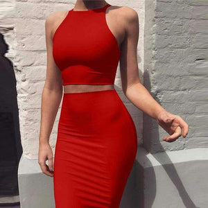 Planet Gates red dress / S Women 2 Piece Party Dress 2018 Solid Sleeveless O-Neck Bodycon Dresses Vestidos Sexy Off Shoulder Knee-Length Dress Two Piece