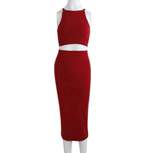 Planet Gates red dress / S Women 2 Piece Party Dress 2018 Solid Sleeveless O-Neck Bodycon Dresses Vestidos Sexy Off Shoulder Knee-Length Dress Two Piece