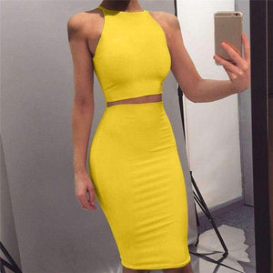 Planet Gates red dress / S Women 2 Piece Party Dress 2018 Solid Sleeveless O-Neck Bodycon Dresses Vestidos Sexy Off Shoulder Knee-Length Dress Two Piece