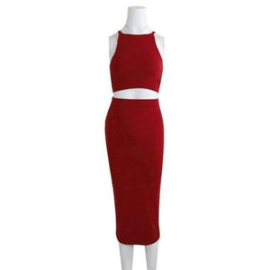 Planet Gates red dress / S Women 2 Piece Party Dress 2018 Solid Sleeveless O-Neck Bodycon Dresses Vestidos Sexy Off Shoulder Knee-Length Dress Two Piece