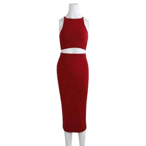 Planet Gates red dress / S Women 2 Piece Party Dress 2018 Solid Sleeveless O-Neck Bodycon Dresses Vestidos Sexy Off Shoulder Knee-Length Dress Two Piece