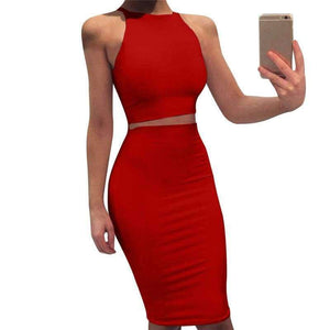 Planet Gates red dress / S Women 2 Piece Party Dress 2018 Solid Sleeveless O-Neck Bodycon Dresses Vestidos Sexy Off Shoulder Knee-Length Dress Two Piece