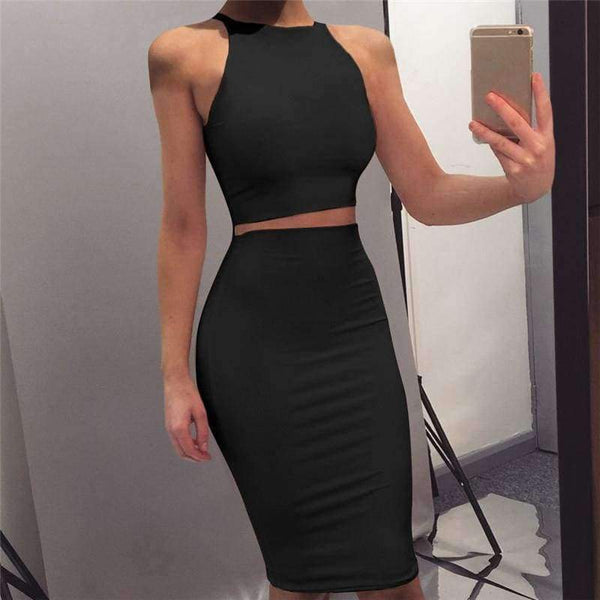 Planet Gates red dress / S Women 2 Piece Party Dress 2018 Solid Sleeveless O-Neck Bodycon Dresses Vestidos Sexy Off Shoulder Knee-Length Dress Two Piece