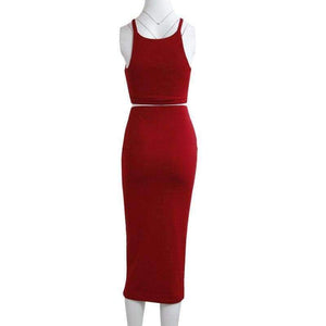 Planet Gates red dress / S Women 2 Piece Party Dress 2018 Solid Sleeveless O-Neck Bodycon Dresses Vestidos Sexy Off Shoulder Knee-Length Dress Two Piece