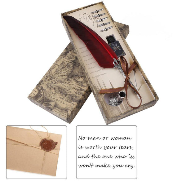 Planet Gates Red English Calligraphy Feather Dip Pen Writing Ink Set Stationery Gift Box with 5 Nib
