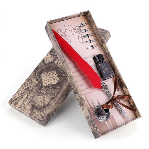 Planet Gates Red English Calligraphy Feather Dip Pen Writing Ink Set Stationery Gift Box with 5 Nib