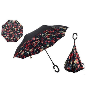 Planet Gates Red Floral Reverse Folding Double Layer Inverted Chuva Umbrella Self Stand Inside Out Rain Protection C-Hook Hands For Car