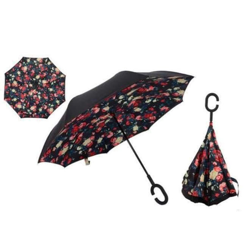 Planet Gates Red Floral Reverse Folding Double Layer Inverted Chuva Umbrella Self Stand Inside Out Rain Protection C-Hook Hands For Car
