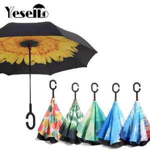 Planet Gates Red Floral Reverse Umbrellas Folding Double Layer Inverted C Hand Holder Stand Rain Windproof Rolling Over Umbrella For Women