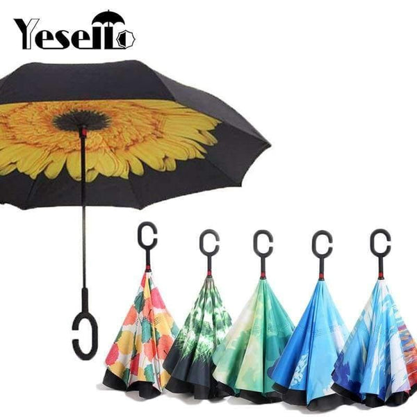 Planet Gates Red Floral Reverse Umbrellas Folding Double Layer Inverted C Hand Holder Stand Rain Windproof Rolling Over Umbrella For Women