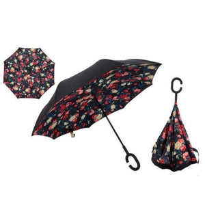 Planet Gates Red Floral Reverse Umbrellas Folding Double Layer Inverted C Hand Holder Stand Rain Windproof Rolling Over Umbrella For Women