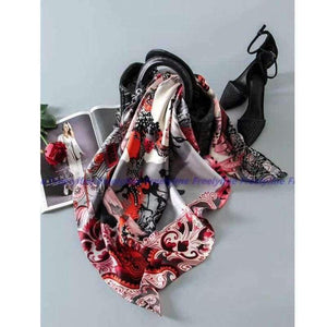 Planet Gates Red Gray Printed 100% Silk Twill Scarf Hijab Women Large Square Silk Scarfs Shawl Wraps for Hair Wrapping Hand Rolled 88x88cm