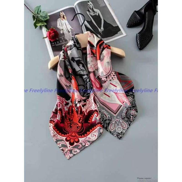 Planet Gates Red Gray Printed 100% Silk Twill Scarf Hijab Women Large Square Silk Scarfs Shawl Wraps for Hair Wrapping Hand Rolled 88x88cm