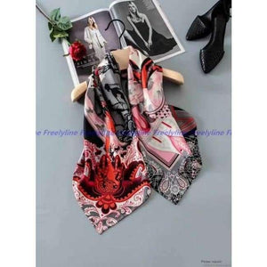 Planet Gates Red Gray Printed 100% Silk Twill Scarf Hijab Women Large Square Silk Scarfs Shawl Wraps for Hair Wrapping Hand Rolled 88x88cm