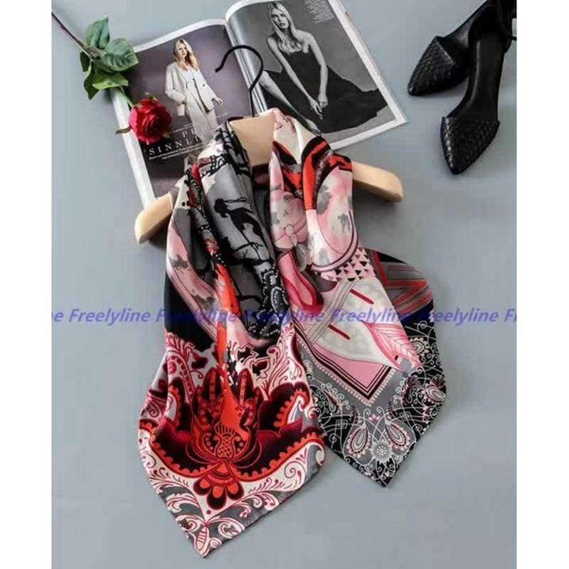 Planet Gates Red Gray Printed 100% Silk Twill Scarf Hijab Women Large Square Silk Scarfs Shawl Wraps for Hair Wrapping Hand Rolled 88x88cm
