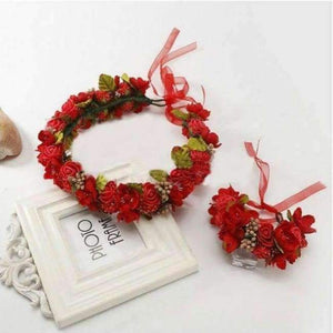 Planet Gates red Handmade festival hair ribbon flower hair accessories artificial floral women girl wedding headband crown garland handwrist sets