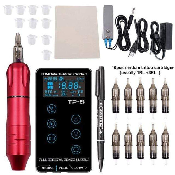 Planet Gates red kit 1 Professional Tattoo Machine Kit TP-5 Power Supply Tattoo Rotary Gun Digital Dual LCD Display Cartridges For Tattoo Artist Gift