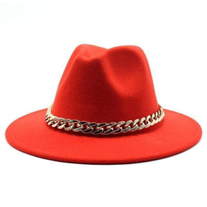 Planet Gates Red / L(58-60cm) American Big Chain Fedoras Faux Woolen Brim Felt Cap Jazz Men Women Hat
