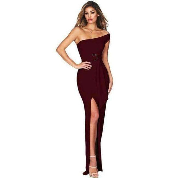 Planet Gates Red / L An elegant dress in solid color with a high-waisted, slanted neckline and a long, slit dress