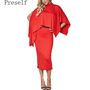 Planet Gates red / L Autumn New Cloak Women Set Elegant Top And Package Hip Skirt Sexy Sets High Neck Split Female Two Pieces Suit
