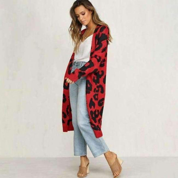 Planet Gates Red / L Autumn Winter Leopard Print Knitted Long Cardigan Women 2018 Casual Style Pocket Open Stitch Sweater Tops Outwear Jumper