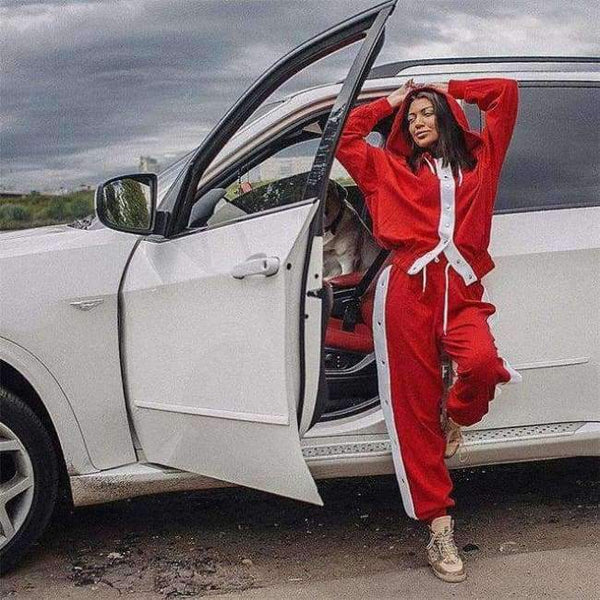 Planet Gates Red / L Autumn Winter Women's Sets 2 Pieces Set Hoodies Loose Pant Tracksuit Side Stripe with Button Side Split Women Fitness Wear