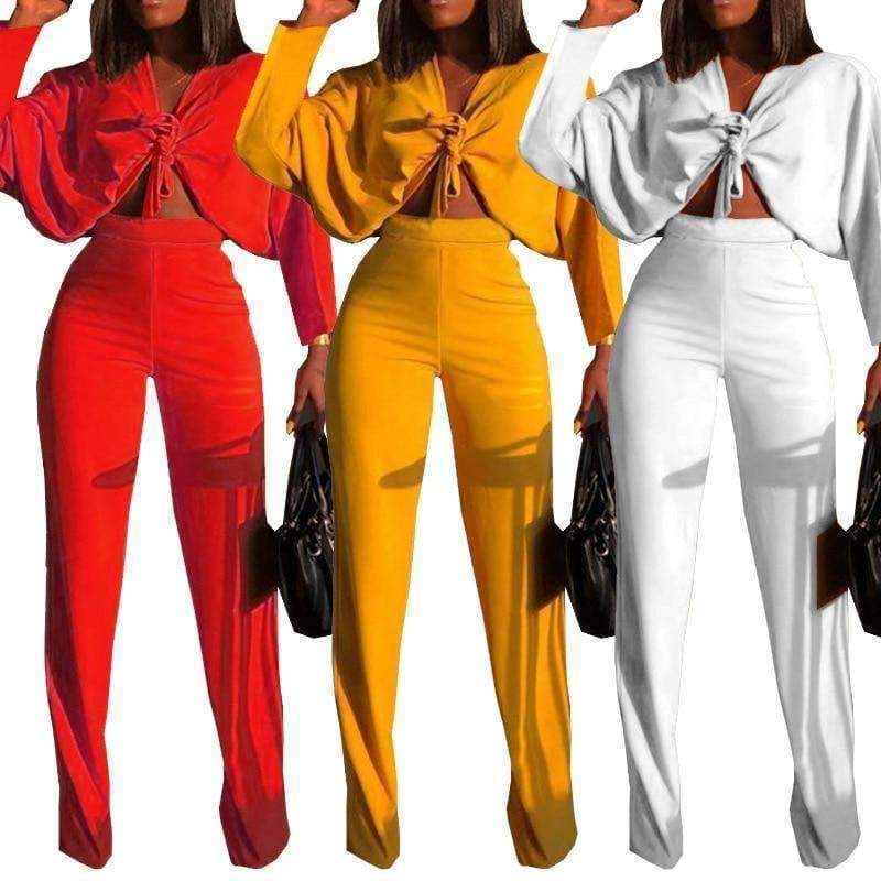 Planet Gates Red / L Autumn Women Solid Sets 2pcs Women Set Bow Cross Crop Top Sweatshirt + Slim Pants 2 Pieces Sets Women Clothing Suits Female