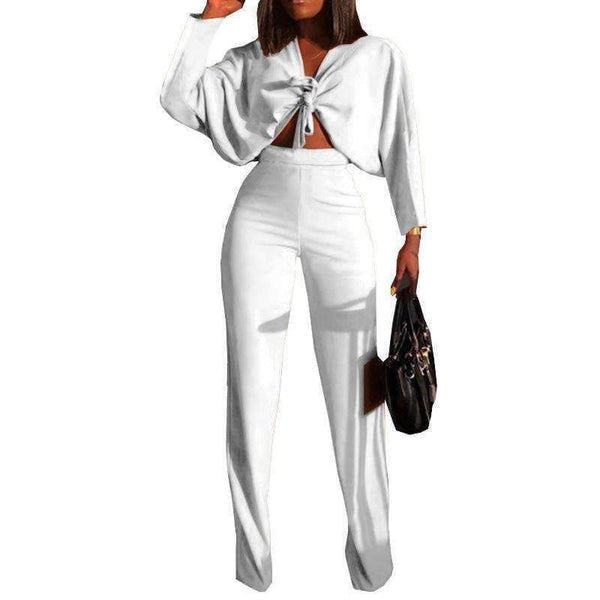 Planet Gates Red / L Autumn Women Solid Sets 2pcs Women Set Bow Cross Crop Top Sweatshirt + Slim Pants 2 Pieces Sets Women Clothing Suits Female