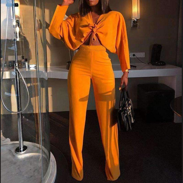 Planet Gates Red / L Autumn Women Solid Sets 2pcs Women Set Bow Cross Crop Top Sweatshirt + Slim Pants 2 Pieces Sets Women Clothing Suits Female