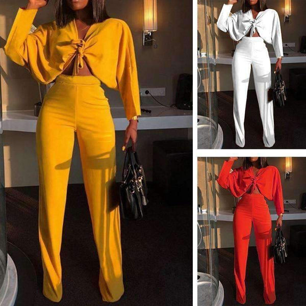 Planet Gates Red / L Autumn Women Solid Sets 2pcs Women Set Bow Cross Crop Top Sweatshirt + Slim Pants 2 Pieces Sets Women Clothing Suits Female