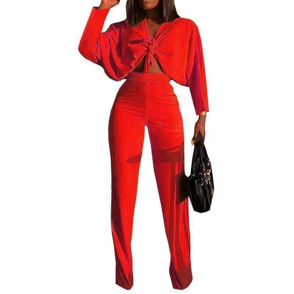 Planet Gates Red / L Autumn Women Solid Sets 2pcs Women Set Bow Cross Crop Top Sweatshirt + Slim Pants 2 Pieces Sets Women Clothing Suits Female