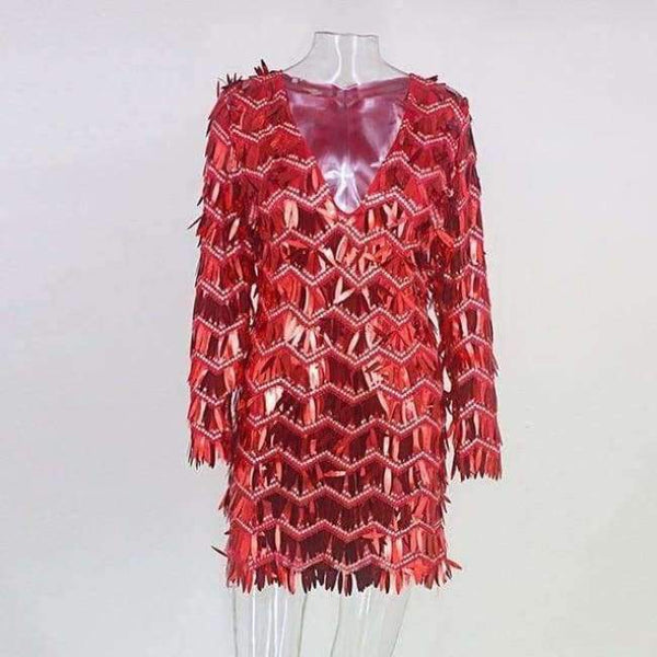 Planet Gates Red / L Evening Party Sexy V Neck Mini Dress Women 2018 Crystal Outfits Dresses Summer Long Sleeve Zipper Sequin Dress Vestidos