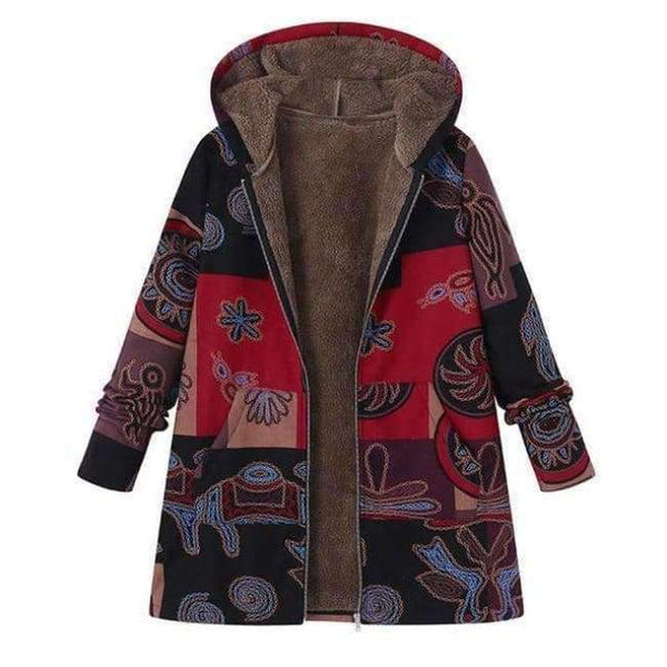 Planet Gates Red / L Fashion Long Sleeve Hooded Winter Thicken Warm Coat Women Plus Size L 5XL Faux Fluffy Ethnic Printed Basic Outerwear