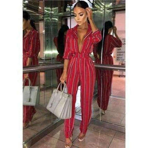 Planet Gates RED / L Fashion striped printed jumpsuits for women 2018 Half sleeve turn down collar long rompers womens jumpsuit Autumn new overalls