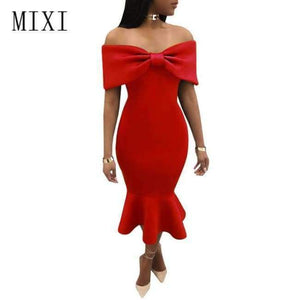 Planet Gates Red / L MIXI Vestidos 2018 Elegant Party Dress Women Blue Red Black Bow Cape Off Shoulder Mermaid Dress Vintage Ruffles Bodycon Dresses