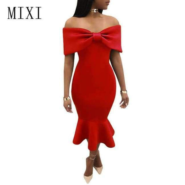 Planet Gates Red / L MIXI Vestidos 2018 Elegant Party Dress Women Blue Red Black Bow Cape Off Shoulder Mermaid Dress Vintage Ruffles Bodycon Dresses