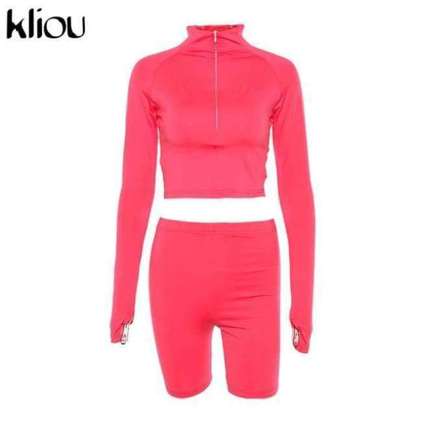 Planet Gates Red / L New Female Fluorescence Fitness Two Pieces Sets 2018 Autumn Full Sleeve Zipper Turtleneck Tops And High Waist Shorts Suits