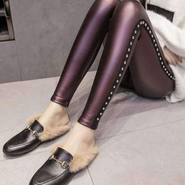 Planet Gates Red / L PU Faux Leather leggings Women Fashion 2018 Winter Fleece Matte Rivets Push Up Pencil Pants Female Slim Lady Leggins Mujer