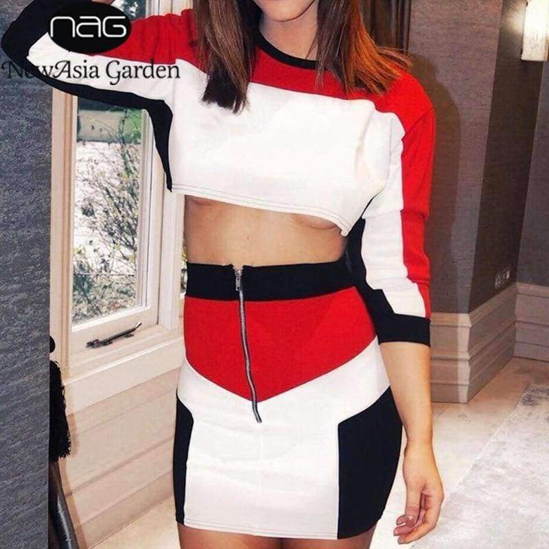 Planet Gates Red / L Sexy Two Piece Set Long Sleeve Crop Top And Mini Skirt Set 2 Piece Set Women 2018 Autumn Winter 2 Piece Outfits