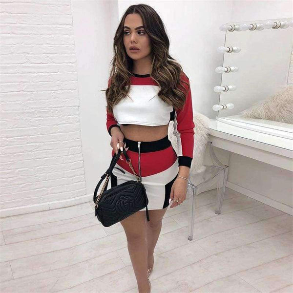 Planet Gates Red / L Sexy Two Piece Set Long Sleeve Crop Top And Mini Skirt Set 2 Piece Set Women 2018 Autumn Winter 2 Piece Outfits