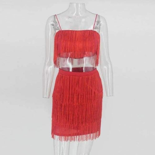 Planet Gates Red / L Women Tassel Bodycon Dresses Sleeveless Spaghetti Strap Sexy Dress Summer White Black Red Celebrity Party Dress