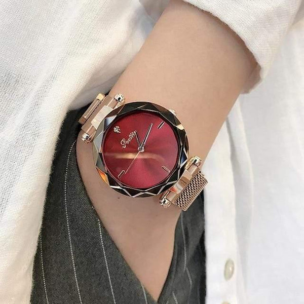 Planet Gates Red Lady Crystal Watch Magnet buckle Women Dress Watch Fashion Quartz Watch Female Stainless Steel Wristwatches