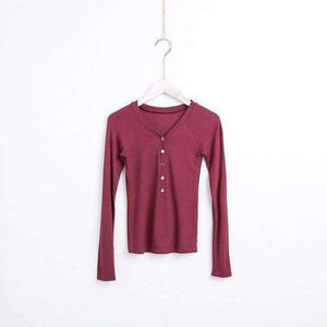 Planet Gates red / M Basic V Neck Women Cotton T-shirts Female Casual Tops Long Sleeve T-shirt Women Soft Elegant Knit Top Tees With Button