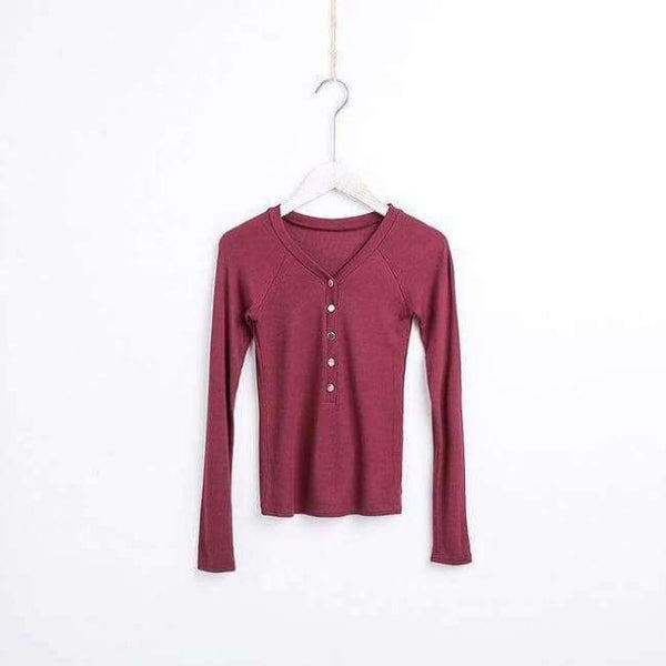 Planet Gates red / M Basic V Neck Women Cotton T-shirts Female Casual Tops Long Sleeve T-shirt Women Soft Elegant Knit Top Tees With Button