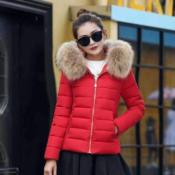Planet Gates Red / M Coat Autumn With Fur Collar Hooded Cotton Padded Winter Jacket Women Short Outwear Basic Jacket