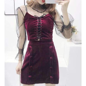 Planet Gates Red / M Sexy 3 Piece Sets European Mesh Blusa + Velvet Cami + Velvert Skirts Fashion Women Sets 2018 Autumn New