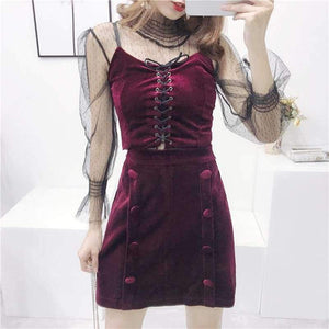Planet Gates Red / M Sexy 3 Piece Sets European Mesh Blusa + Velvet Cami + Velvert Skirts Fashion Women Sets 2018 Autumn New