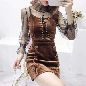 Planet Gates Red / M Sexy 3 Piece Sets European Mesh Blusa + Velvet Cami + Velvert Skirts Fashion Women Sets 2018 Autumn New