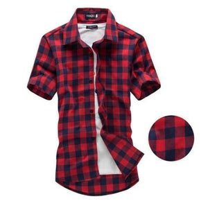 Planet Gates Red Navy / XL Red And Black Plaid Shirt Men Shirts 2017 New Summer Spring Fashion Chemise Homme Mens Dress Shirts Short Sleeve Shirt Men